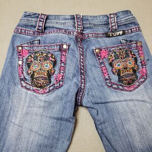 Cowgirl Tuff lowrise flare embroidered sugar skull jeans pink thick stitch sz 24